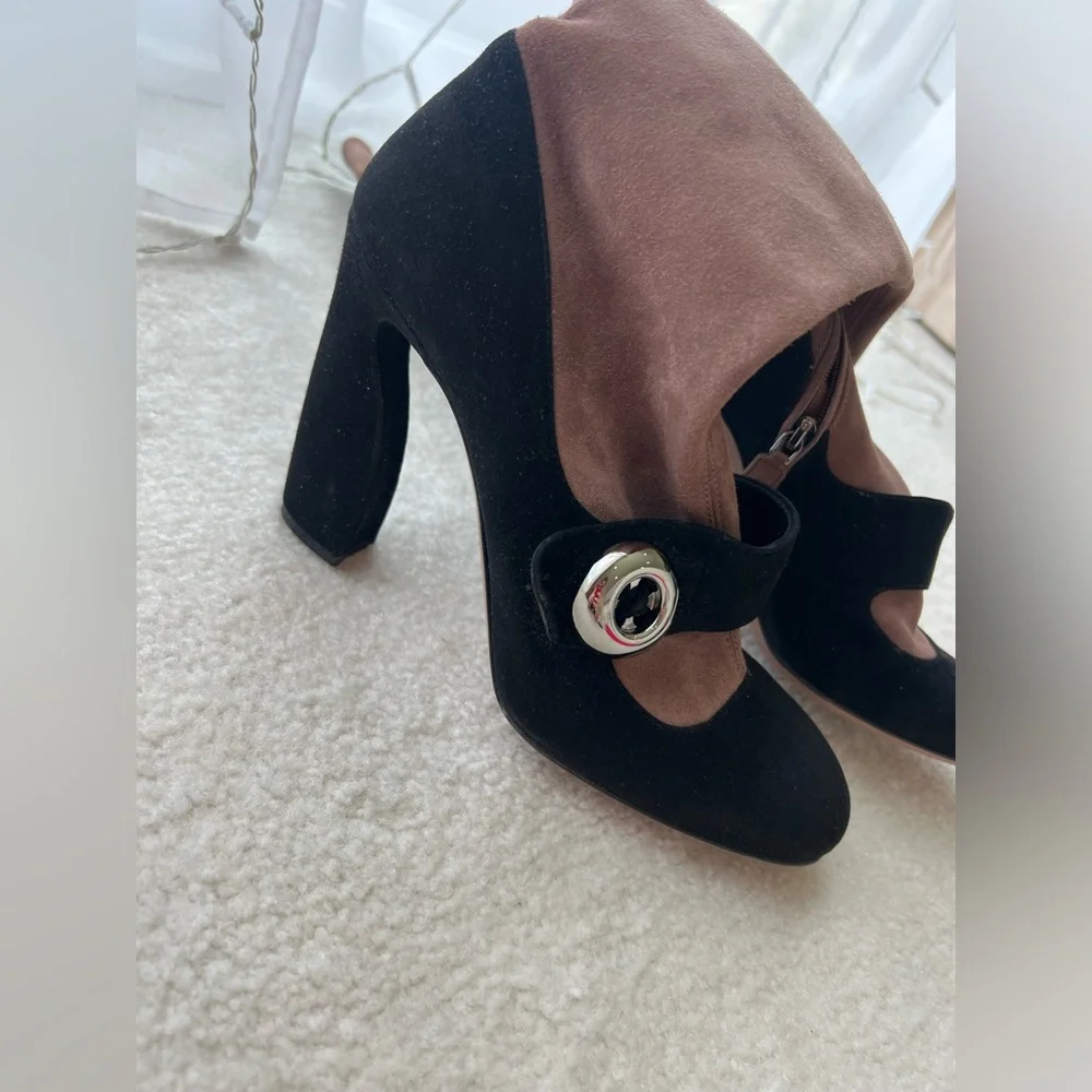 Prada Runway Knee High Suede Blush Pink Black High Heels Sock Boot Trompe L'oeil - Picture 6 of 14